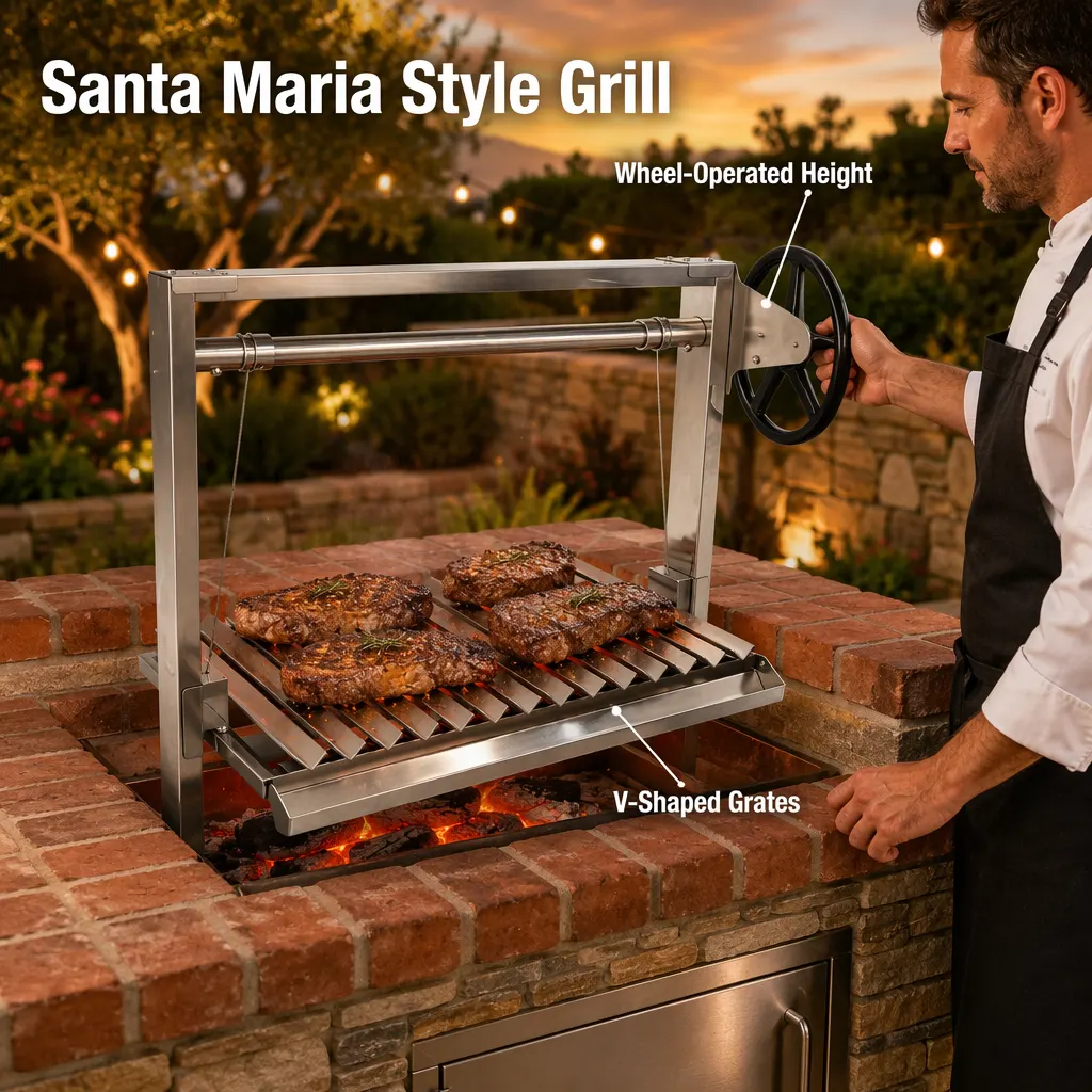 Barbecue encastrable en acier inoxydable Asado Parrilla Top au feu de bois Barbecue argentin Santa Maria Grill avec système de rôtisserie